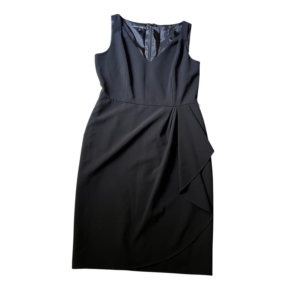 Lafayette 148 New York Black V-Neck Side Ruffle Sheath Dress Size 10 Sleeveless